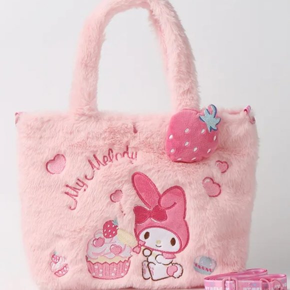 Melody Strawberry Pink Plush Embroidered Handbag } Cute Lolita Gift Bag - Picture 1 of 5